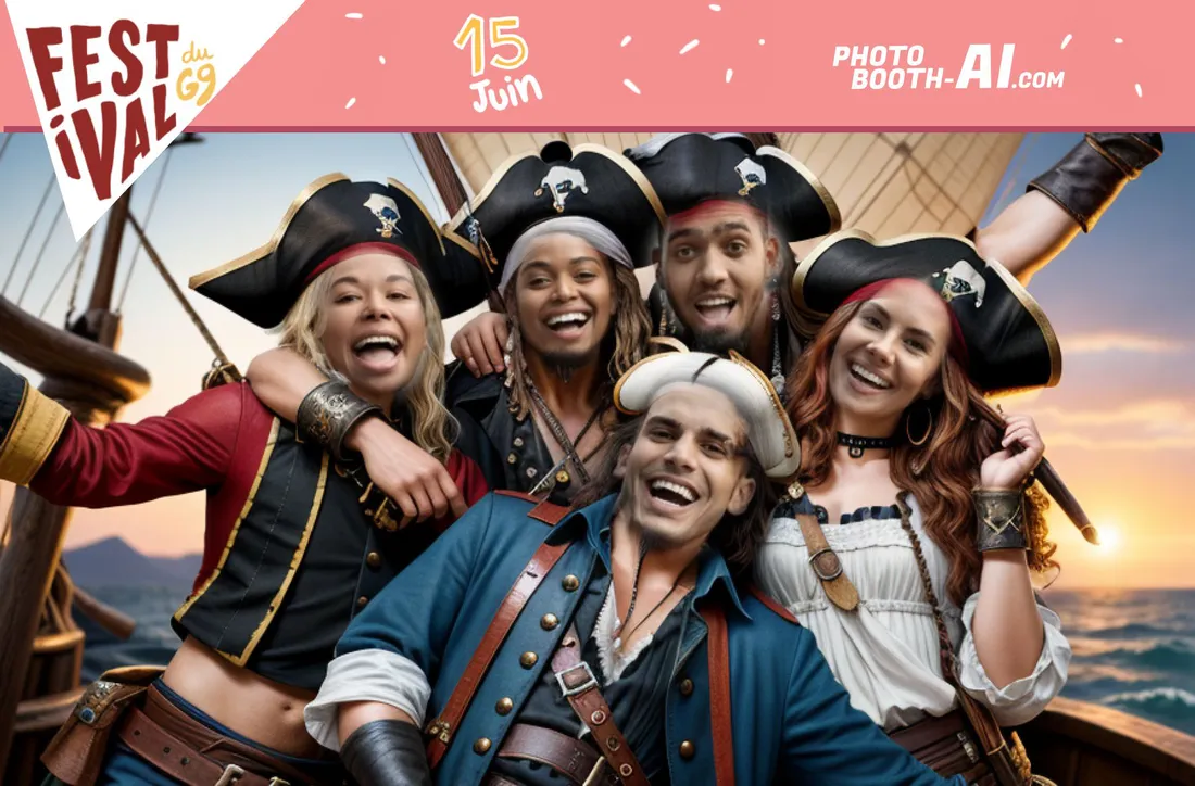 Photo de groupe en pirates dans un cadre personnalisé aux couleurs d’un festival