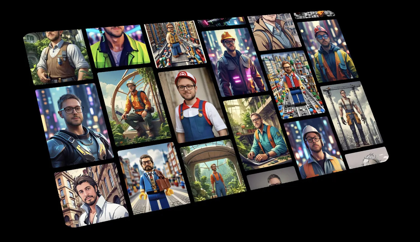 Mur de photos transformées par IA diffusé en grand pendant un événement