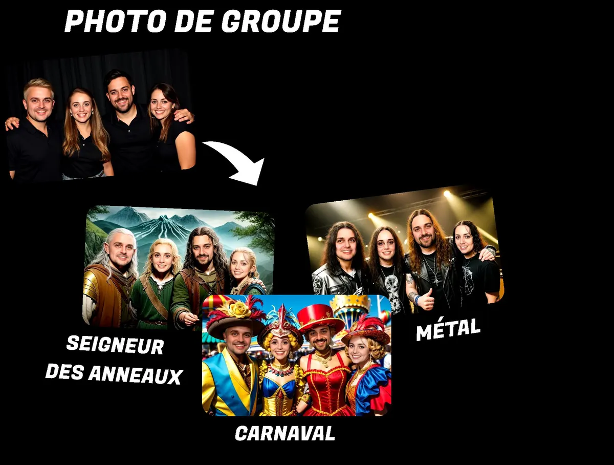 Une photo de groupe transformée par IA en trois versions : Seigneur des Anneaux, métal et carnaval